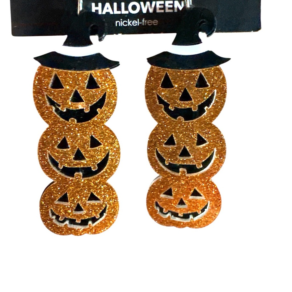 Halloween Glitter Pumpkin Earrings with Witch Hat- NeW